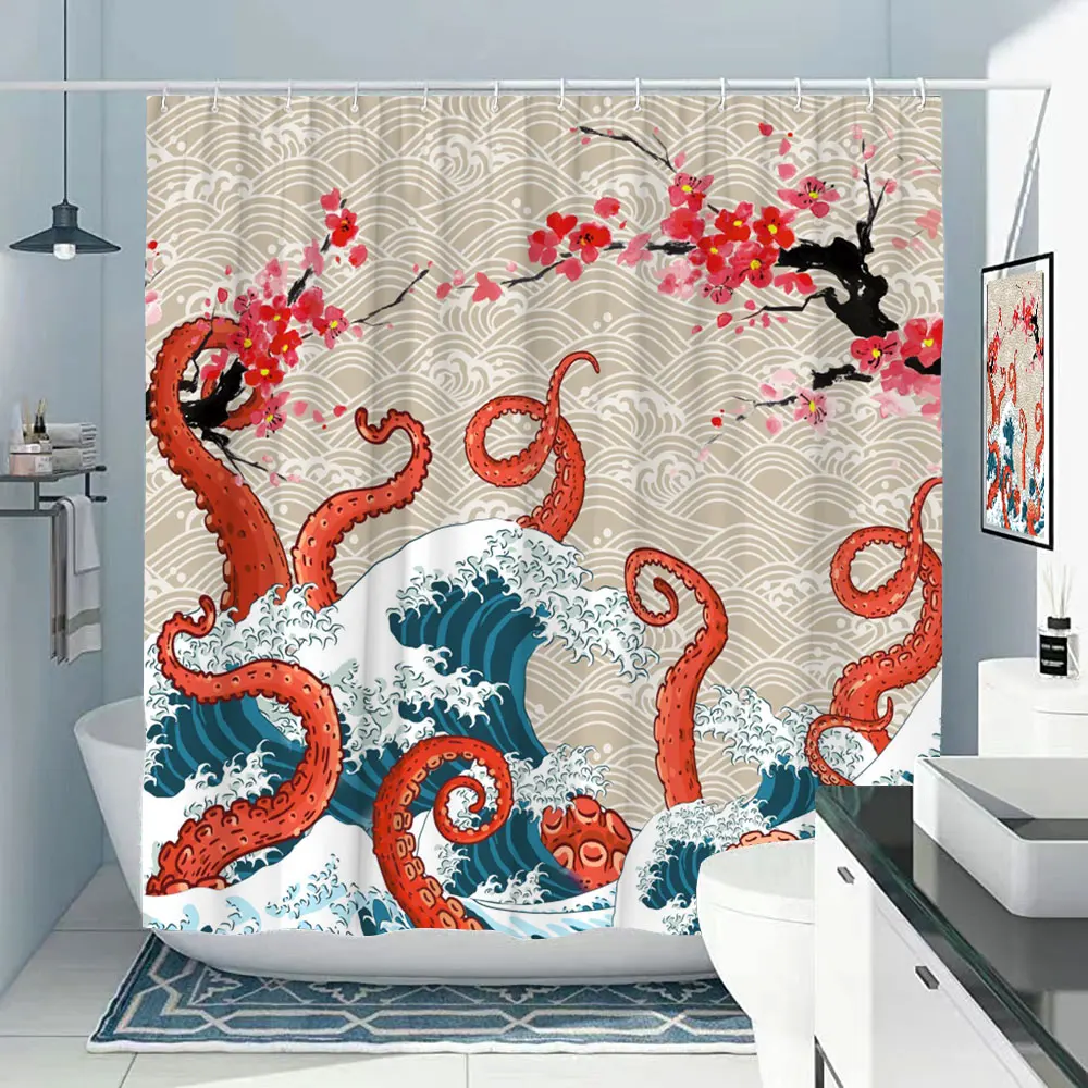 Nautical Octopus Shower Curtain Ocean Sea Turtle Beach Coastal Blue Fish Seashell Jellyfish Fabric Bath Curtains Bathroom Decor