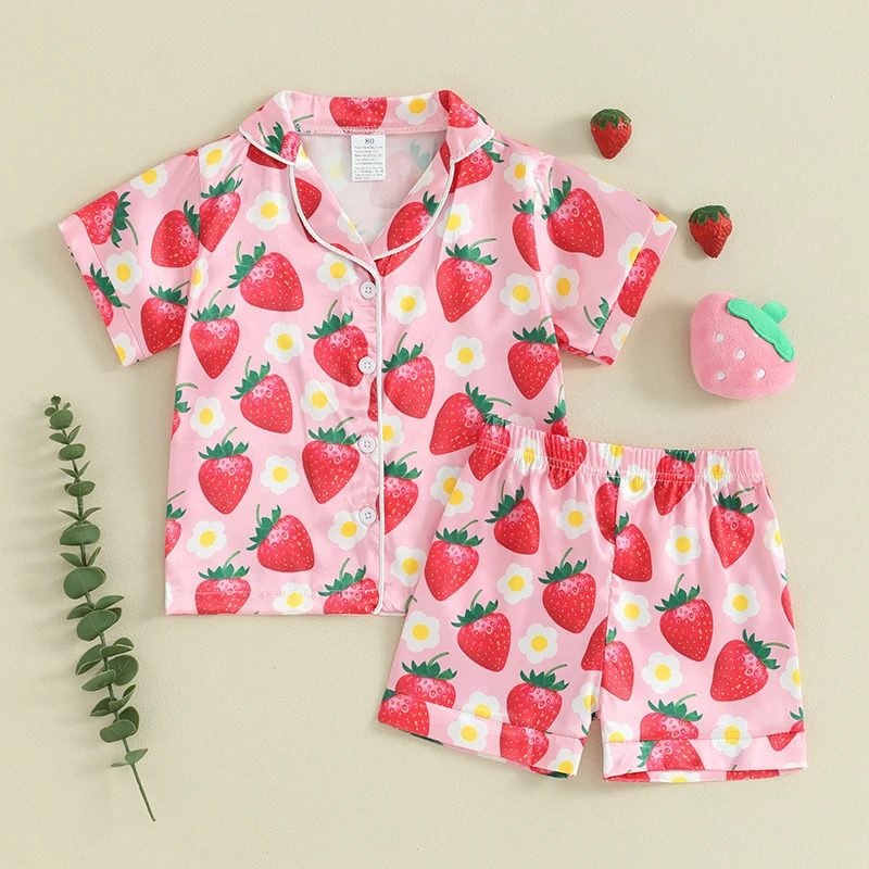 

Kids Girls Summer Pajama Sets Short Sleeve Lapel Shirt Strawberry Print Shorts 2 Pieces Sleepwear for 1 Years to 7 Years