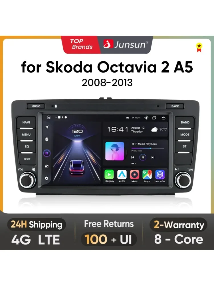 Junsun 7-Zoll-Autoradio für Skoda Octavia 2 A5 2008 2009 2010–2013, kabelloses CarPlay, Android Auto 2 DIN, intelligentes Multimedia 4G
