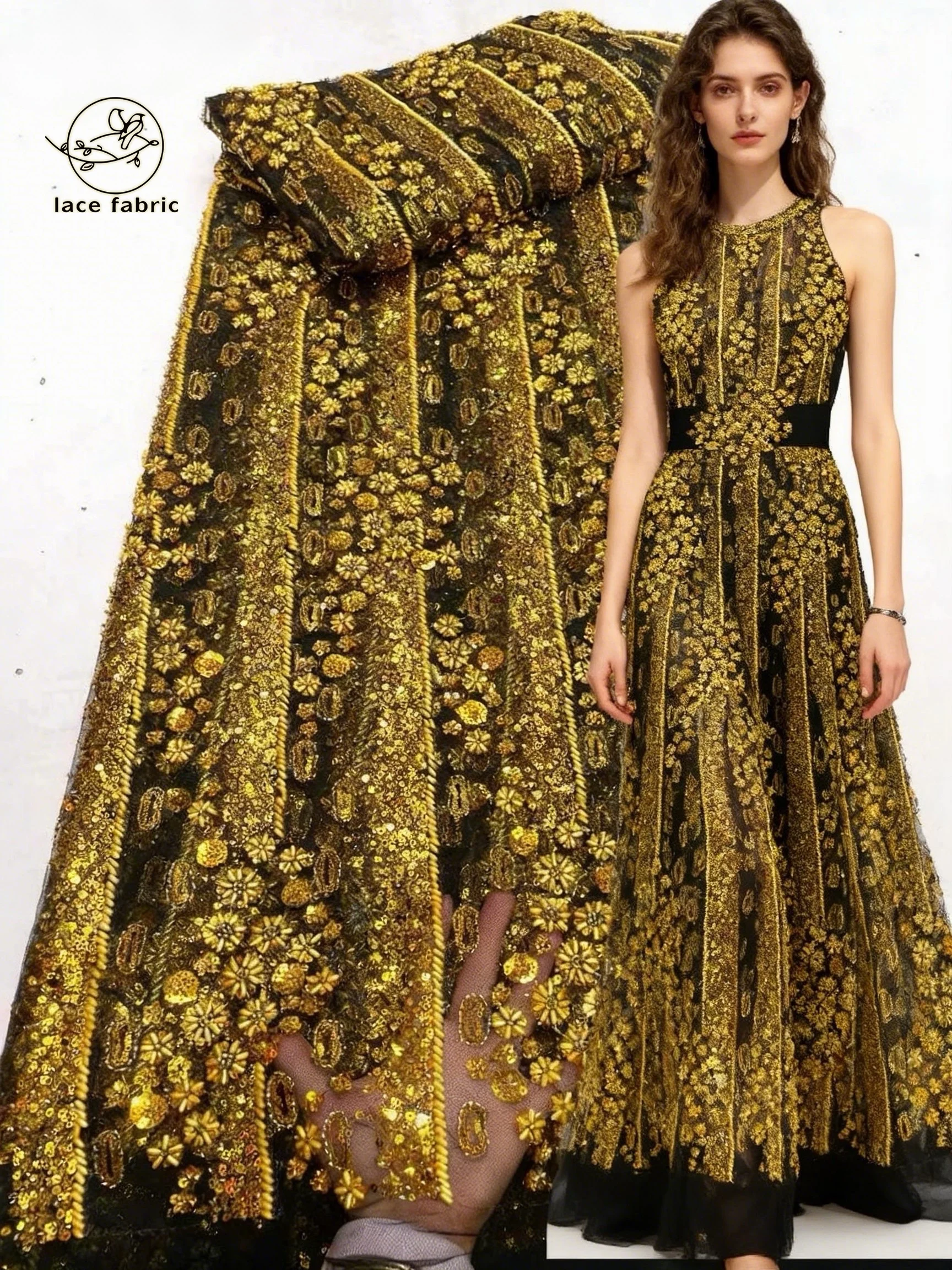 

Luxury Black Gold Sequins Tube Beads Lace Fabric For Wedding 2026 New Design French African Tulle Sequins Lace For Evening Dress