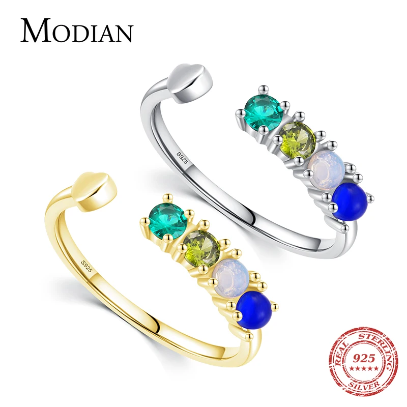 MODIAN 925 Sterling Silver Heat Rainbow Colorful Crystal Finger Rings For Women Adjustable Rings Wedding Engagement Jewelry Anel