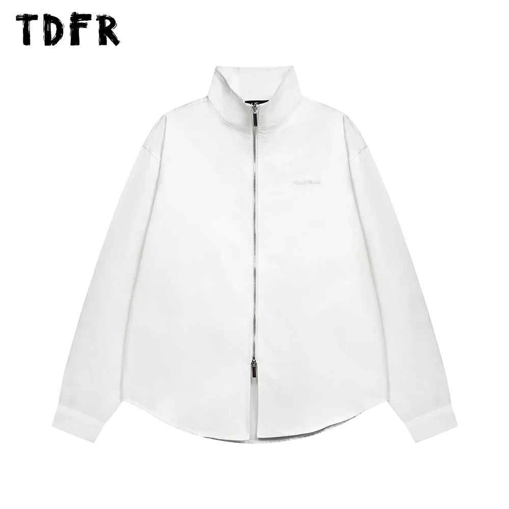 Solid Color Letter Embroidery Shirts Mens Autumn Streetwear Loose Long Sleeve Stand collar Zipper Fly Shirts Men