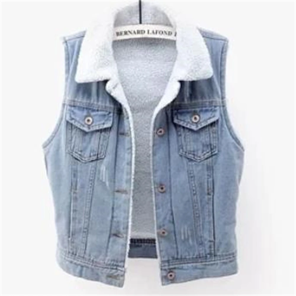 Winter Jeans Warm Plus Velvet Gilet Female Boyfriend Padded Coats Bomber Windbreake Women Winter Autumn Denim Waistcoat Jacket