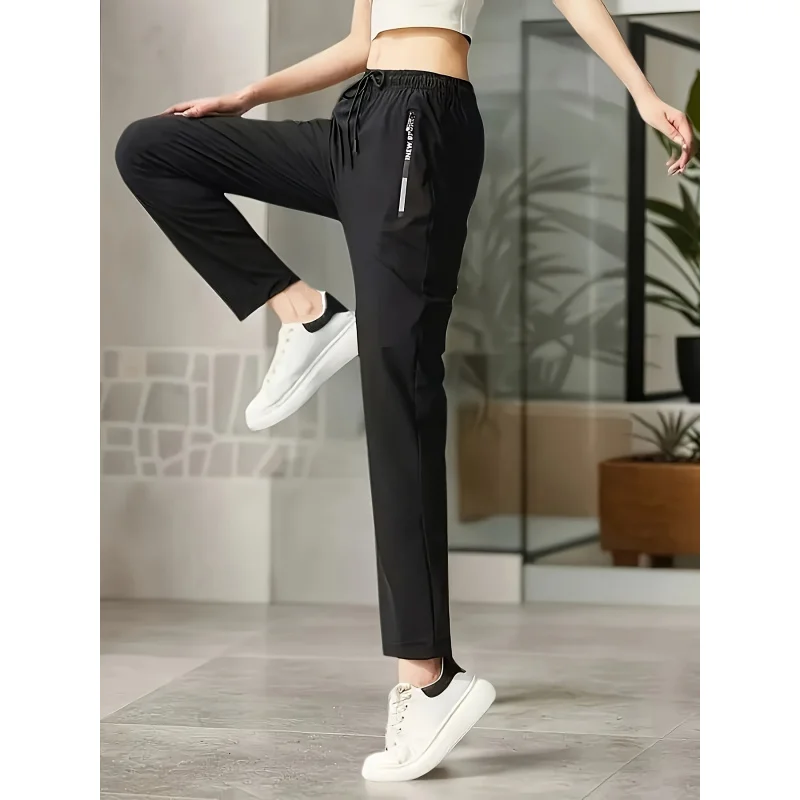 Summer High-elastic Straight Ice Silk Pants Elastic Waist Drawstring Outdoor Casual Cool Quick-drying Zipper Pocket Women Pants image 3