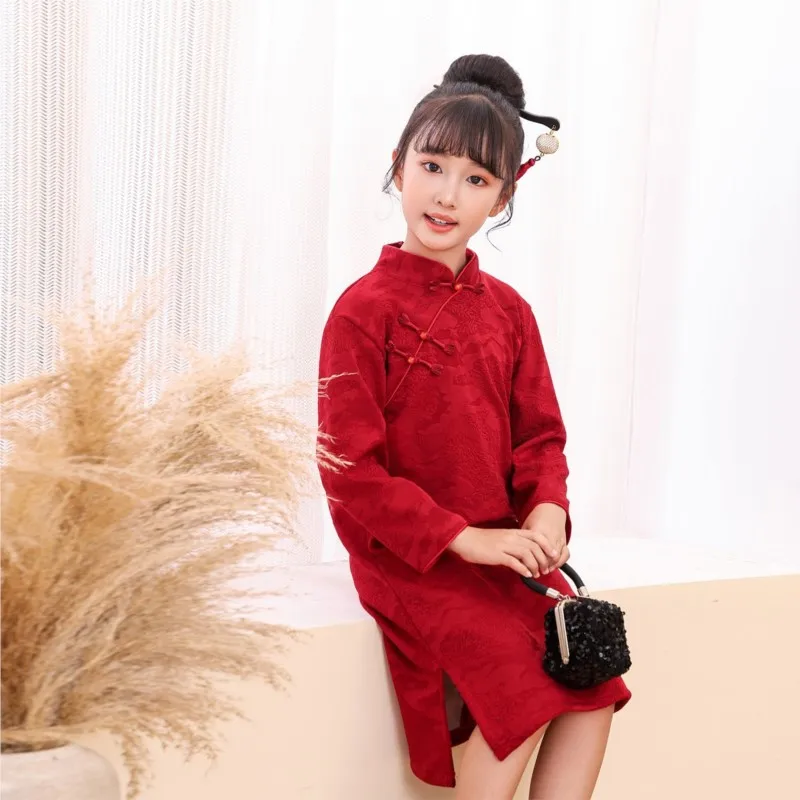 

2026 New Children's Red Cheongsam Dress Girls' Light Luxury Hanfu Dress Kids' Autumn Long Sleeve Tang Costume Qipao Dress LI987