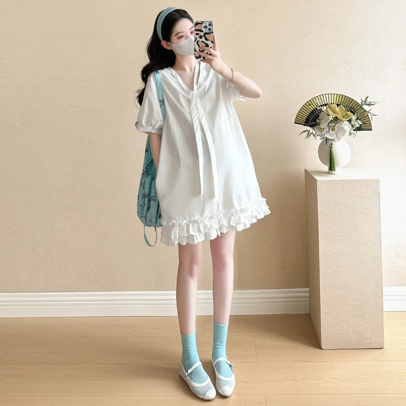 妊婦のドレス 2025 新しい夏のファッションフレンチルーズ痩身 V ネックレーススカート