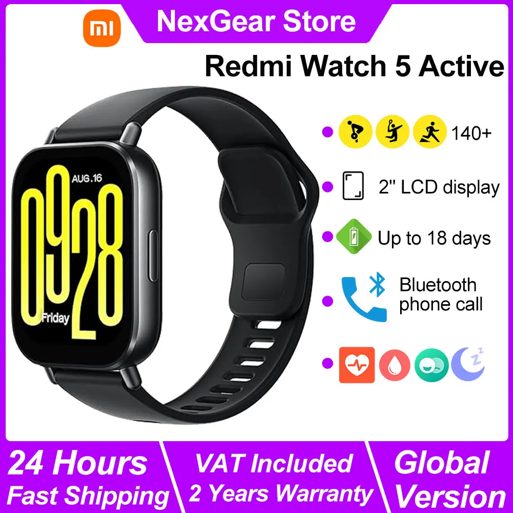 Xiaomi Redmi Watch 5 reloj inteligente activo, llamada telefónica Bluetooth, pantalla LCD de 2 ", reloj inteligente con monitorización del ritmo cardíaco y oxígeno en sangre