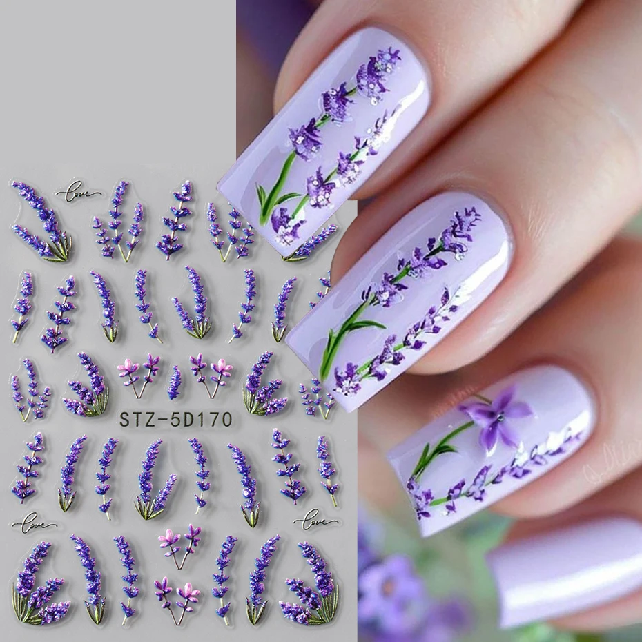 2 pcs 5D Embossed Elegant Lavender Flowers Nail Stickers Bright Florals Adhesive Nail Decals Spring Summer Petals Nail Access
