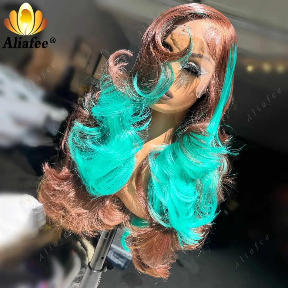 Edgy Unique Fashion Warm Chocolate Brown With Mint Green Highlight Body Wave Human Hair Wig 13x6 Transparent Lace Frontal Wigs