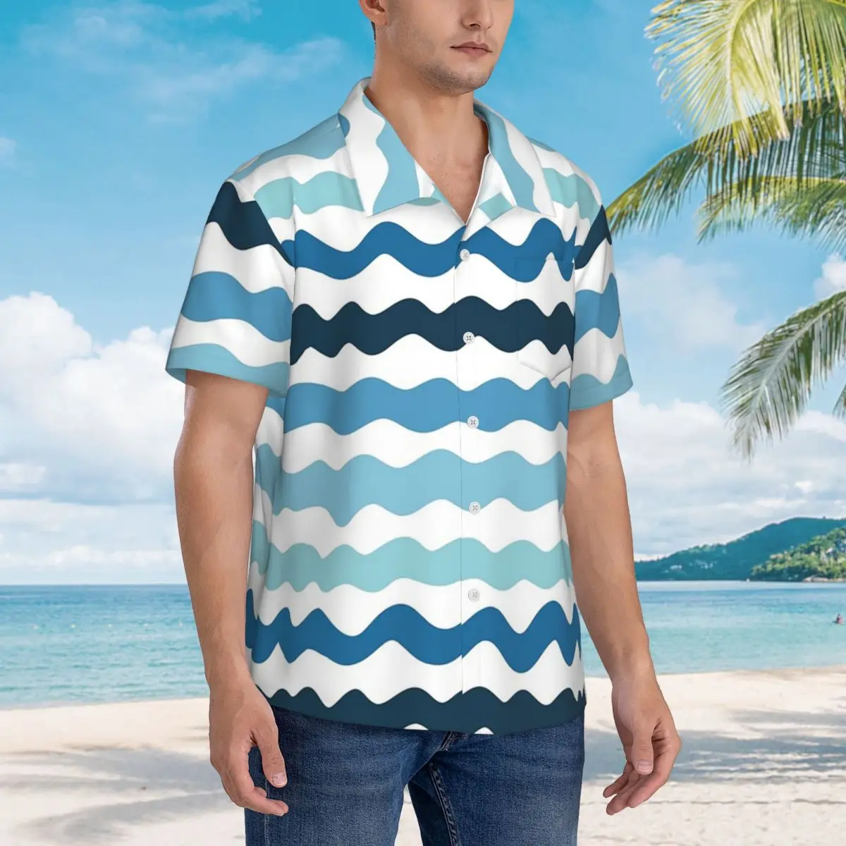 

Abstract Blue Wave Pattern Calm Ocean Inspired Design Hawaiian Shirts Men Short Sleeve Shirt for Summer Beach Men's Lapel Tops