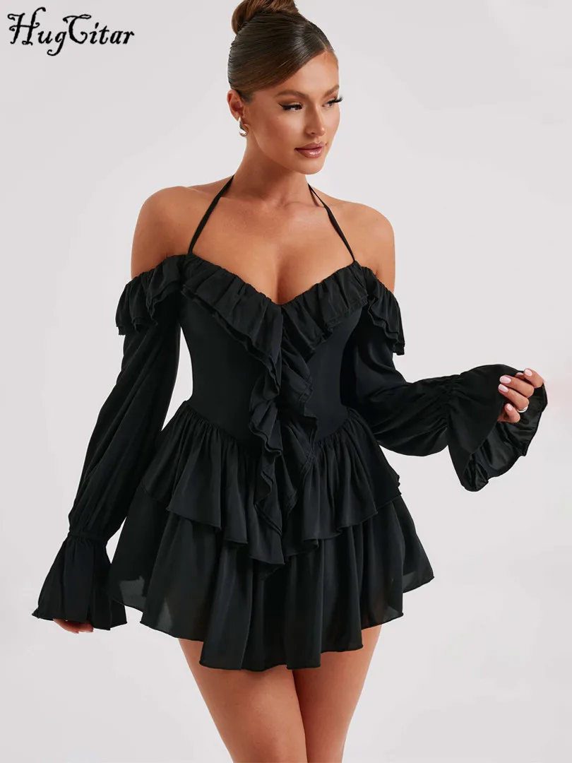 Hugcitar printemps élégant volants solide manches longues évasées Sexy plissé Mini robe femmes décontracté Y2K vêtements fête d'anniversaire vacances