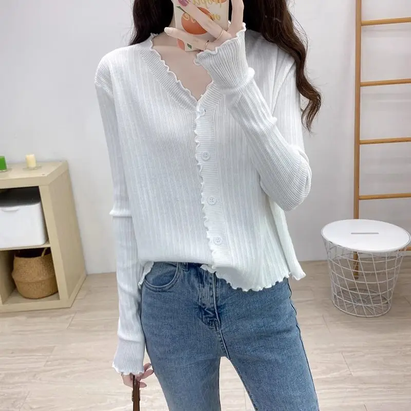 Spring Autumn Casual All-match Long Sleeve V-neck Cardigan Women Clothing Chic Stringy Selvedge Thin Coat Lady Elegant Loose Top