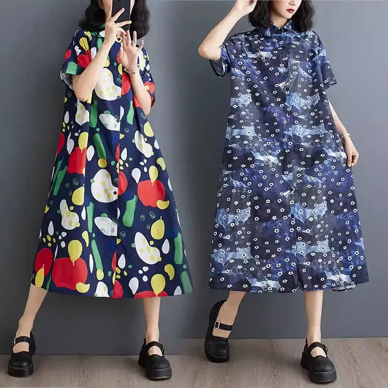 

Korean Version Floral Dress 2024 New Summer Short Sleeve Loose Large Size Fashion Print Medium Length Dress Casual Clothes K1705