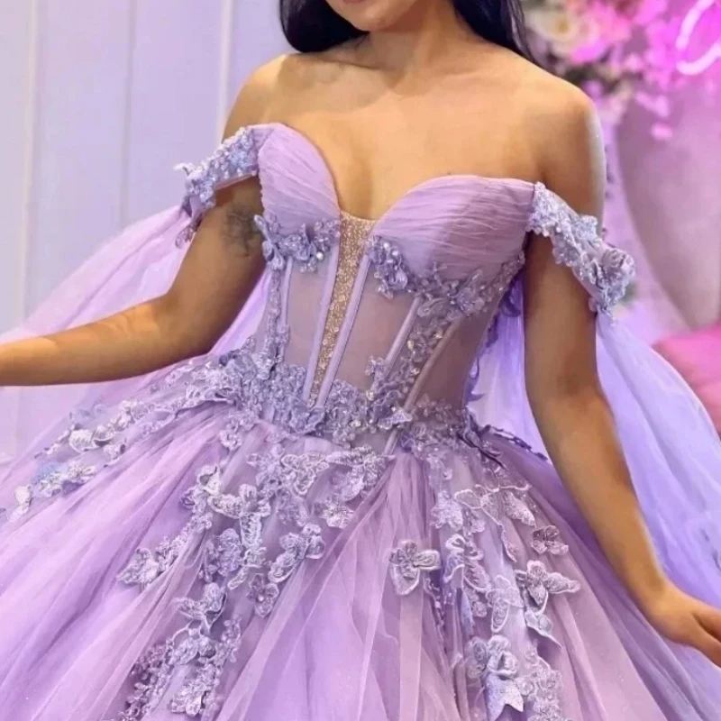 

Customized Lavender Princess Girl Butterfly Quinceanera Dresses With Cape Beading Vestidos De 15 Anos Women Birthday Party Prom