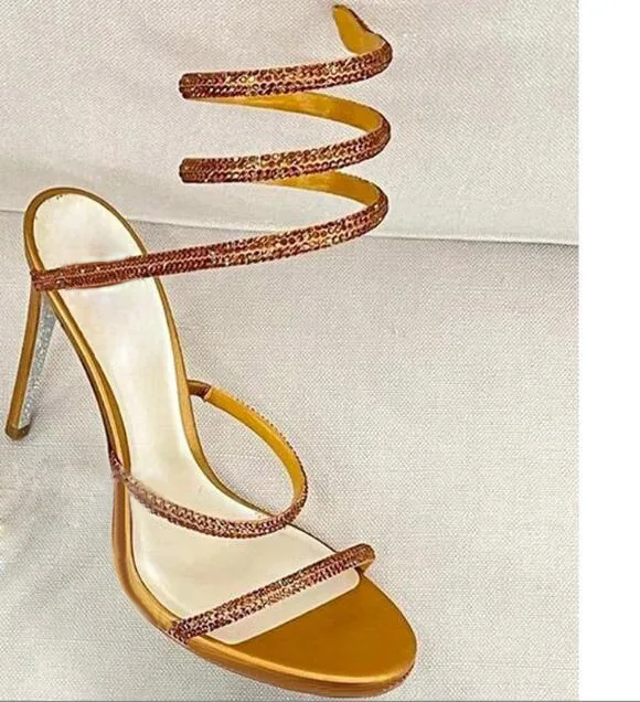 Ink green blue Rhinestone snake-like Strap twined Sandals 8/10 cm High heels Woman Summer Cutout Crystal Wedding Shoes view 4