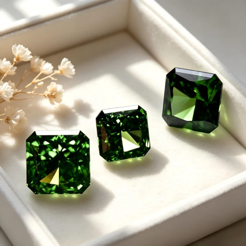 Kubischer Zirkonia, synthetischer Zirkon, grüne Farbe, quadratische Form, CZ 4K-Schliff, 5A+ Qualität, Crushed-Ice-Schliff, hochkarätiger Diamant – Detail 5