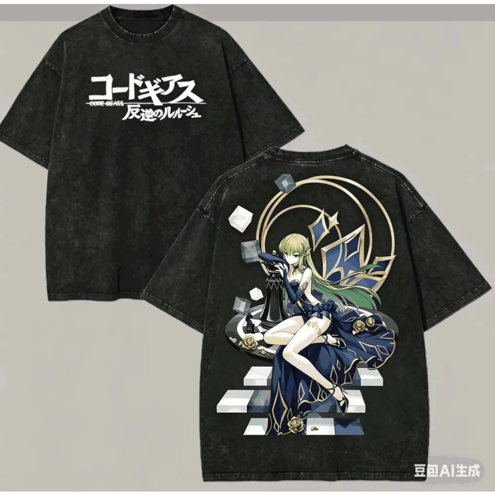 2026 Code Geass Lelouch & C.C. Vintage Washed T-shirt Anime Print Oversized Cotton Short Sleeve Harajuku Streetwear Tee
