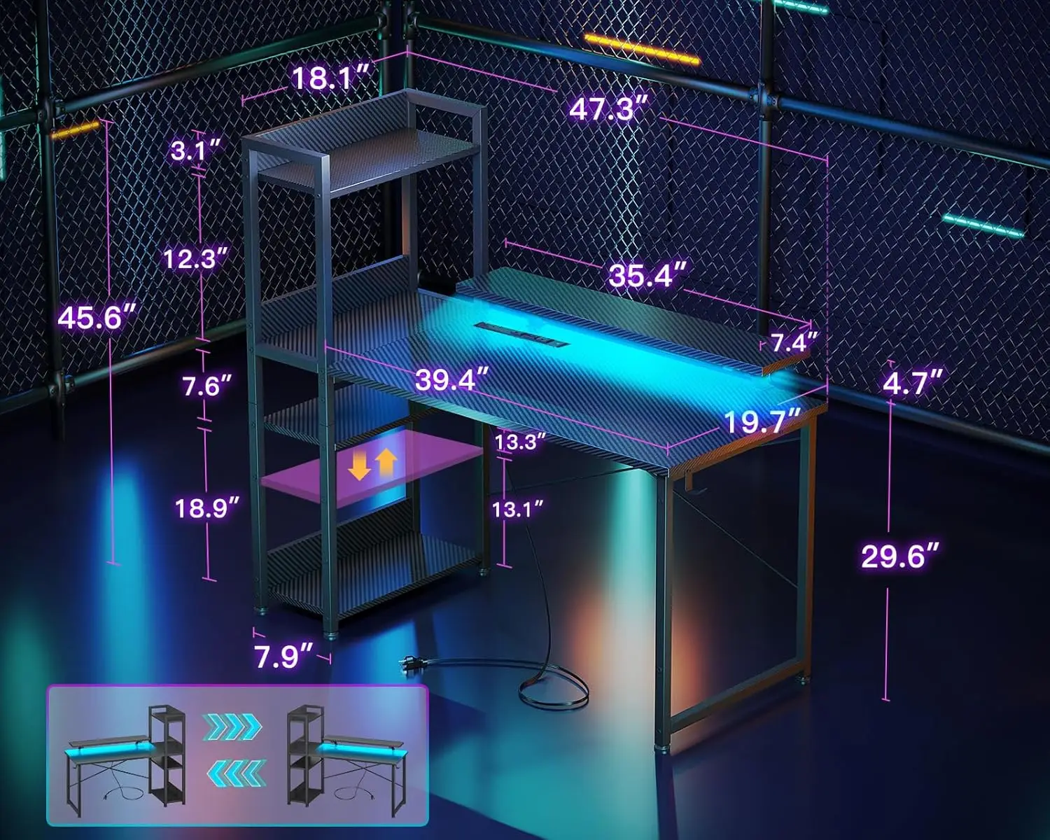 مكتب ألعاب قابل للعكس مع منافذ طاقة وأضواء LED، مكتب كمبيوتر مقاس 48 بوصة مع أرفف تخزين وحامل شاشة، حديث مع