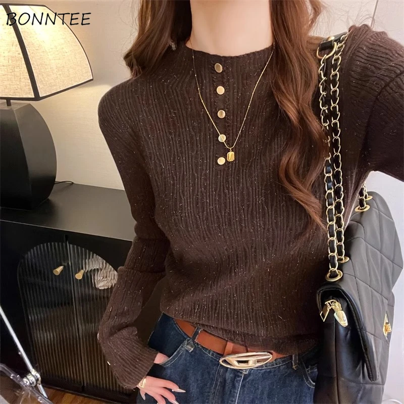 

Pullovers Women Vintage Pleated Crop Knitted Sweaters Basic Корейская Мода Half High Collar Свитер Женский Buttons Elegant Soft