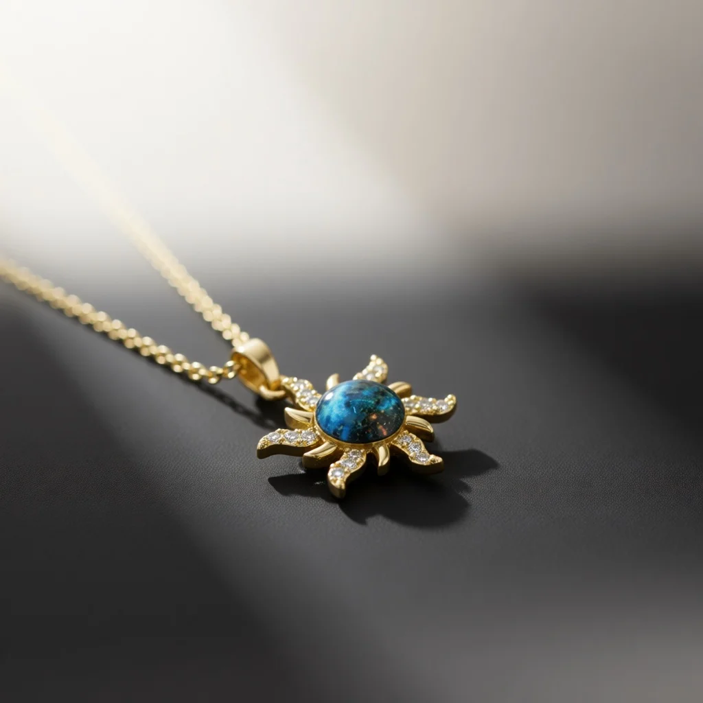 Vibrant Silver Copper Necklace, Sunburst Pendant, Galaxy Stone, Zircon Ray Details, Cable Chain, Jewelry for Daily Wear