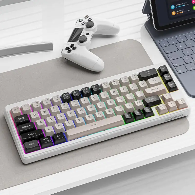 

Беспроводная игровая клавиатура FREEWOLF M68, трехрежимное соединение Bluetooth, радужная подсветка, подходит для компьютеров, ноутбуков и Mac