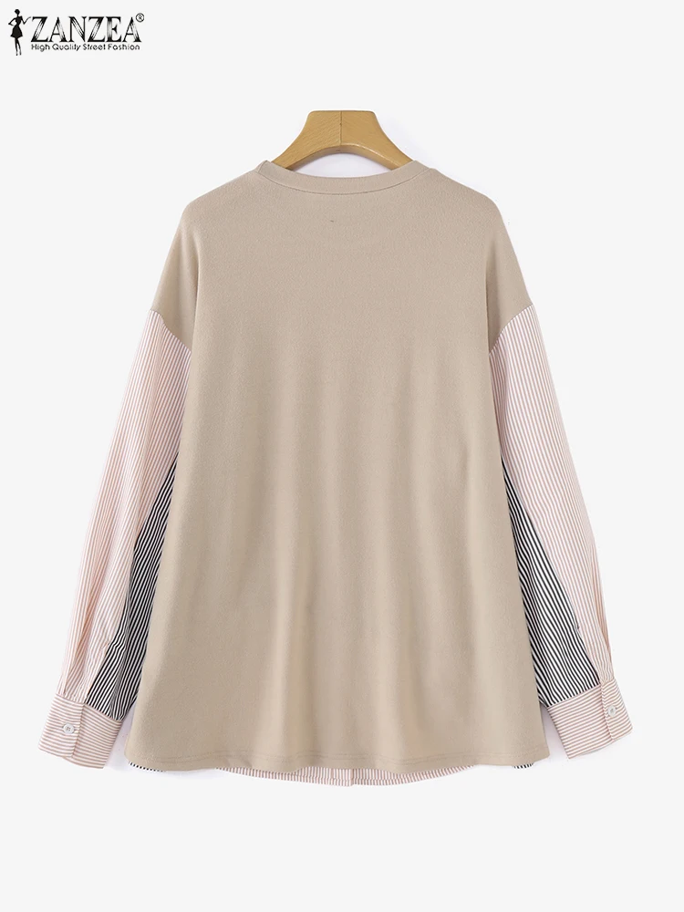 ZANZEA-camisetas con cuello redondo para mujer, túnicas de retazos Vintage, Tops elegantes de manga larga, Top informal holgado de punto con empalme de rayas