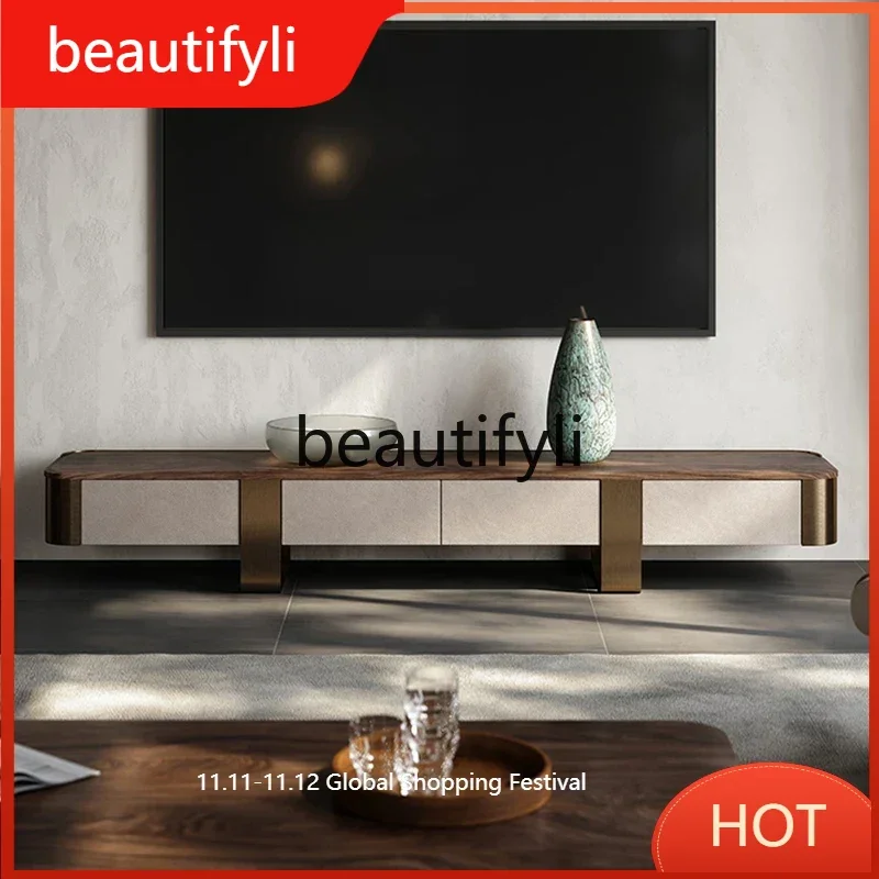 

Italian minimalist coffee table TV cabinet combination household living room black walnut TV cabinet light luxury D80