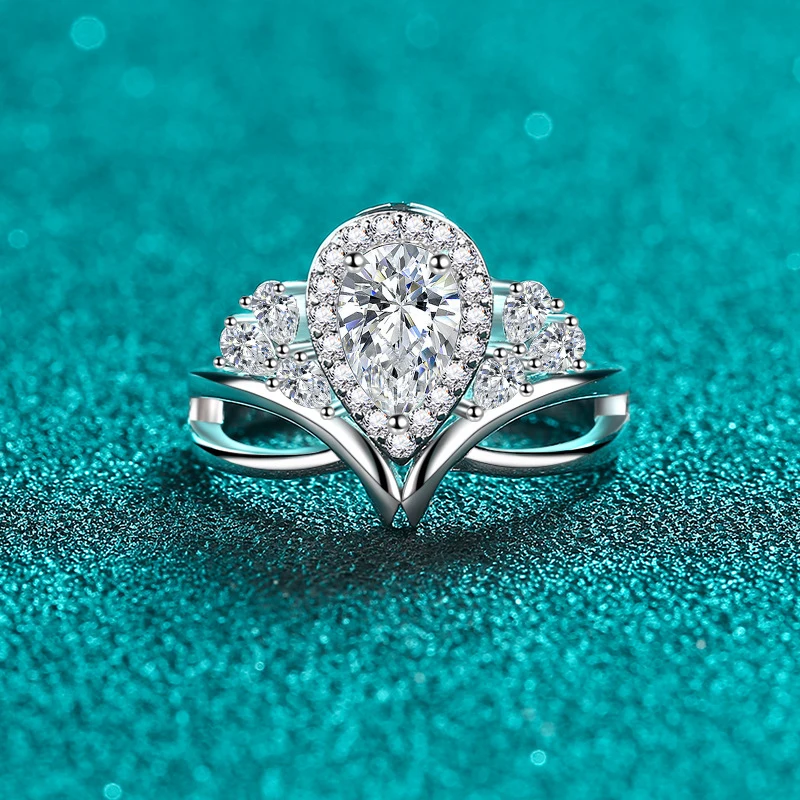 Moissanite Ring  S925 Sterling Silver Pear-Shaped Moissanite V-Openwork Bouquet Band, Elegant Luxurious Women's Ring