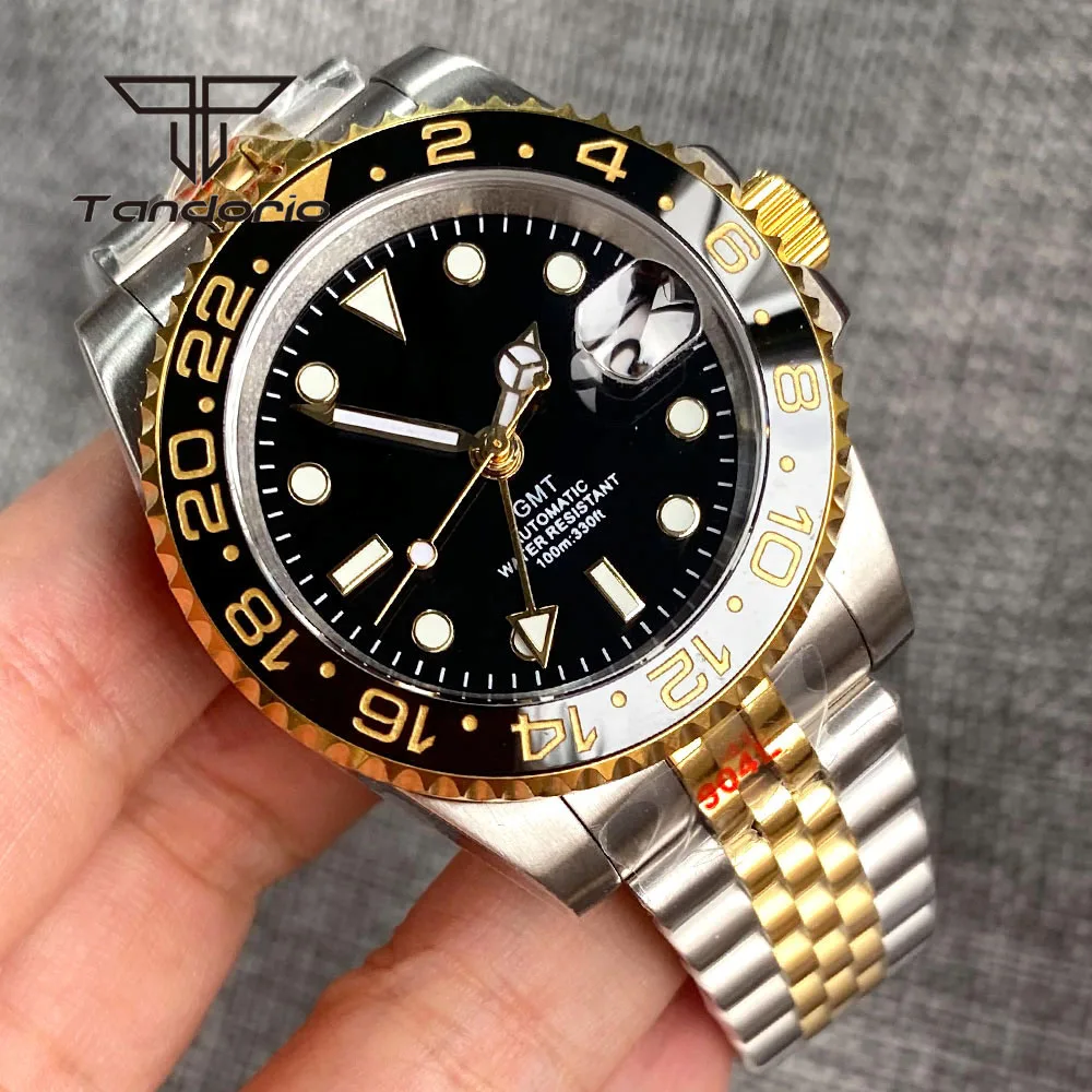 Tandorio GMT NH34A Two Tone Golden Coated 40mm Automatic Watch for Men Bracelet Sapphire Glass Rotating Bezel Date Screw Crown