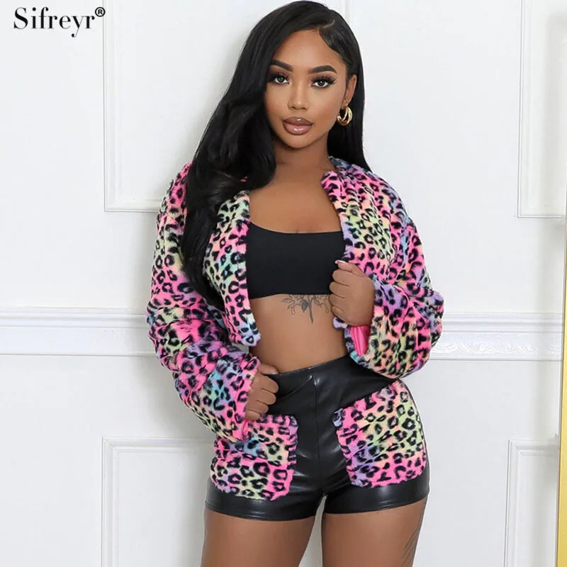 

Sifreyr Colorful Leopard Print PU Leather Splicing Shorts Set Round Neck Long Sleeved Faux Fur Plush Jacket High Waist Suit