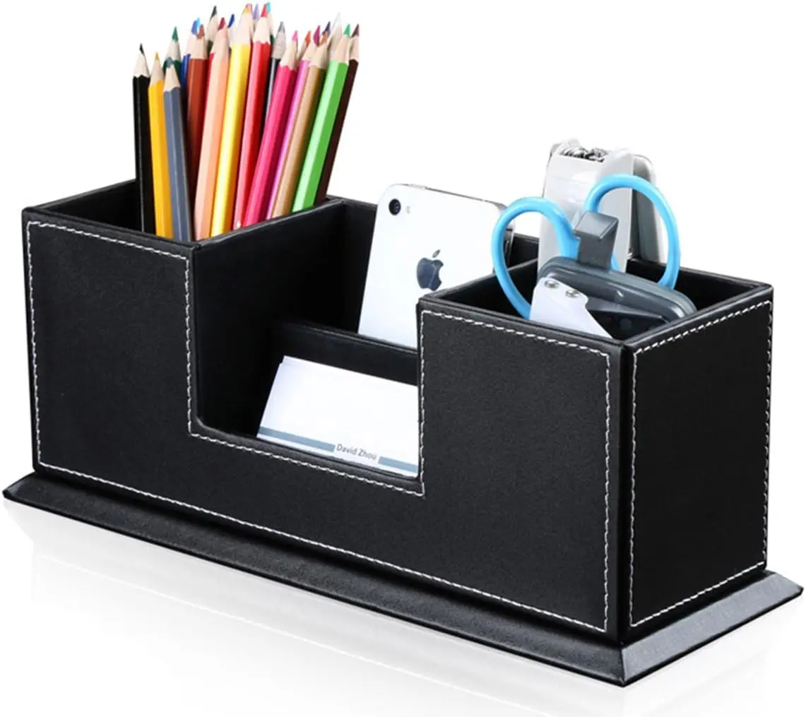 Office Supplies Desk Organizer PU Leather Storage Box 4 Divided Compartments for Pen Business Card Remote Control