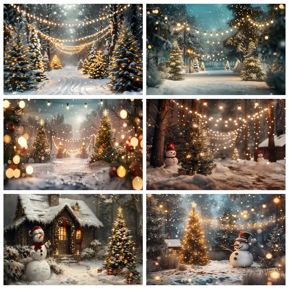 Christmas Backdrop Winter Snow Scene Street Xmas Tree Pine Snowman Fence Glitter Lights Kids Portrait Photography Background