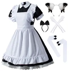 Wannsee Japanese Anime 6Pcs Lolita French Maid Apron Fancy Dress Cosplay Costume Gloves Headwear Socks set(Black XL)