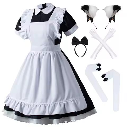 Wannsee Japanese Anime 6Pcs Lolita French Maid Apron Fancy Dress Cosplay Costume Gloves Headwear Socks set(Black XL)