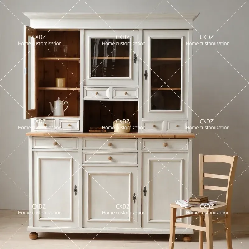 Solid Wood Wine Cabinet Dining Kitchen Integrated Storage Unit White Retro Glass Door Locker Customizable Furniture