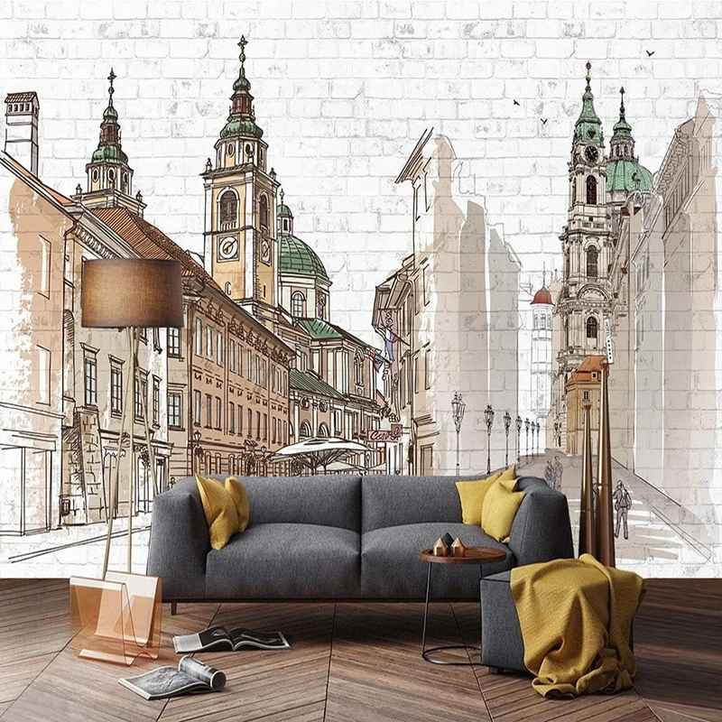 Customized Hand Painted European City Mural Coffee Shop Restaurant Bedroom Brick Wall Art Photo Living room TV background Hotel