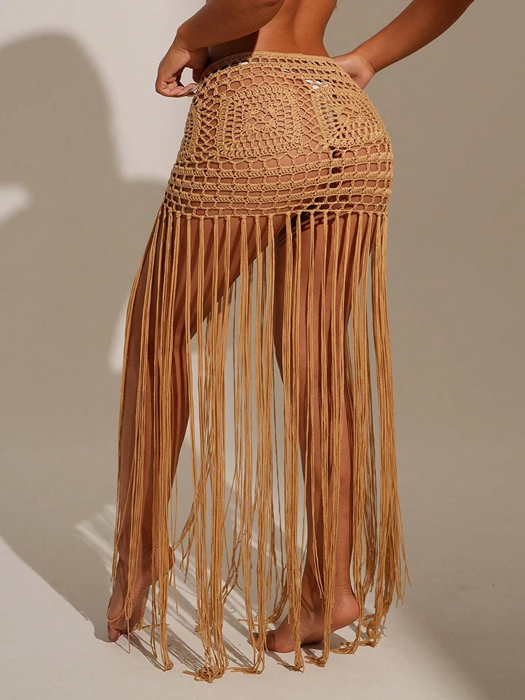 Crochet Long Tassel Bikini Cover Up Dress Beach Cover Up Knitted High Waist Tassel Long Skirt Swimsuit Cover Up Beach Dress