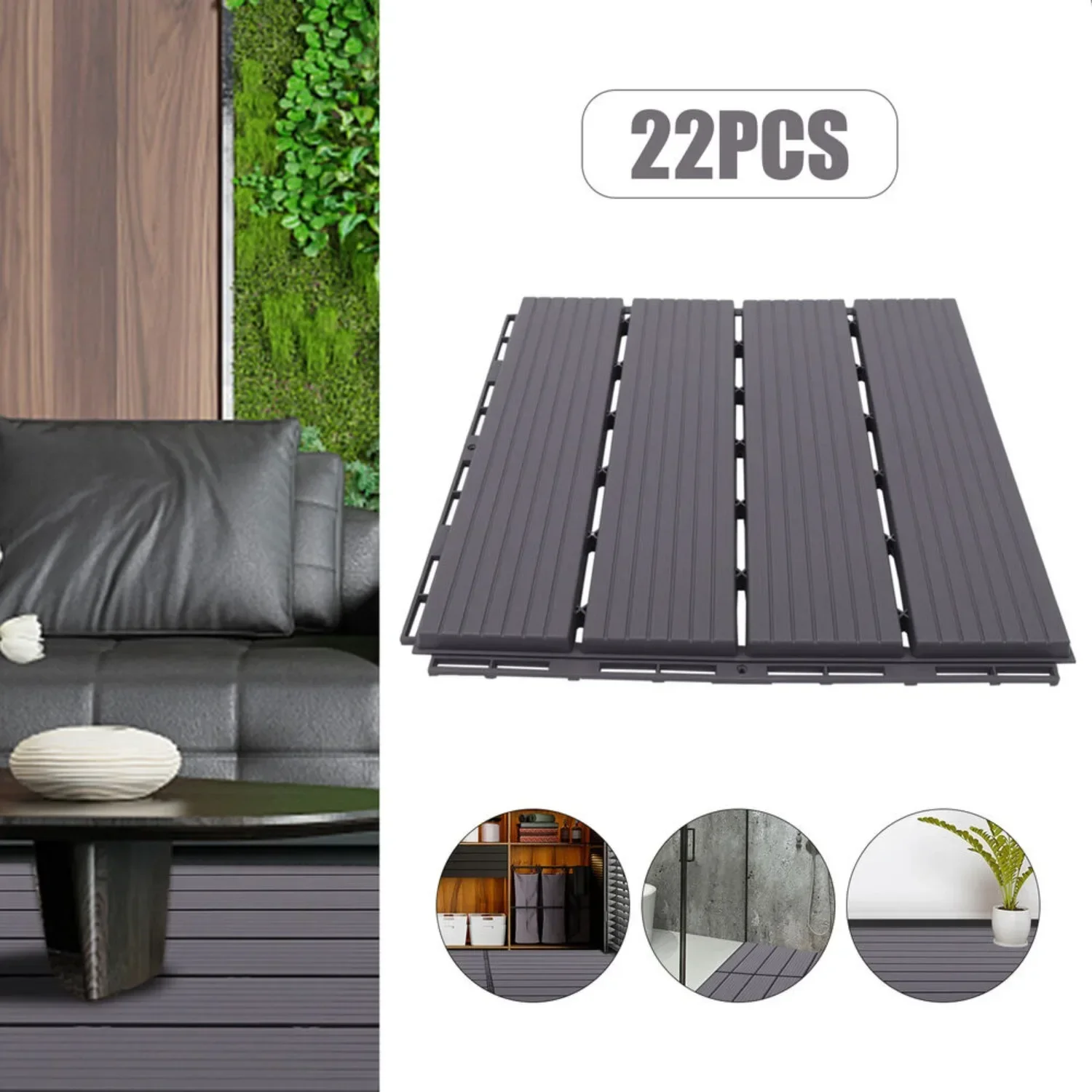 Hardwood Interlocking Patio, Plastic Composite Patio Deck Tiles 12”x12” Flooring Tiles Indoor & Outdoor Tiles Garden Patio Grey