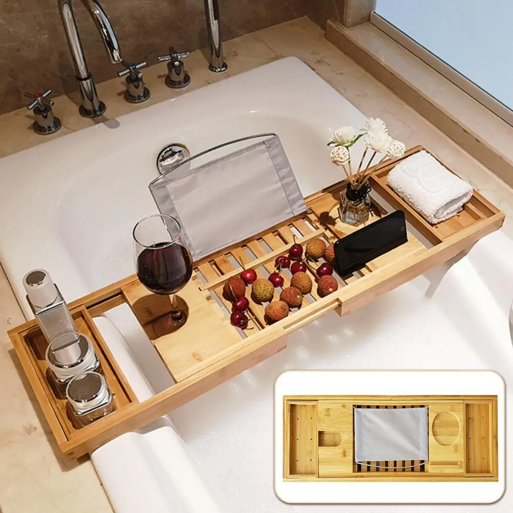 Bamboo Bath Tray with Wine Glass Holder Non-Slip Handle Adjustable Bath Shelf Multi-functional Book Stand Bathroom Organizer