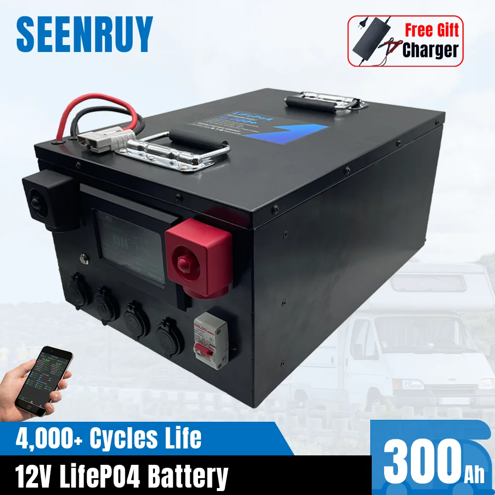 12V 300Ah LiFePO4 Battery with Active Equalizing Bluetooth BMS Large Capacity for RV EV Outdoor Campers with 20A Charger