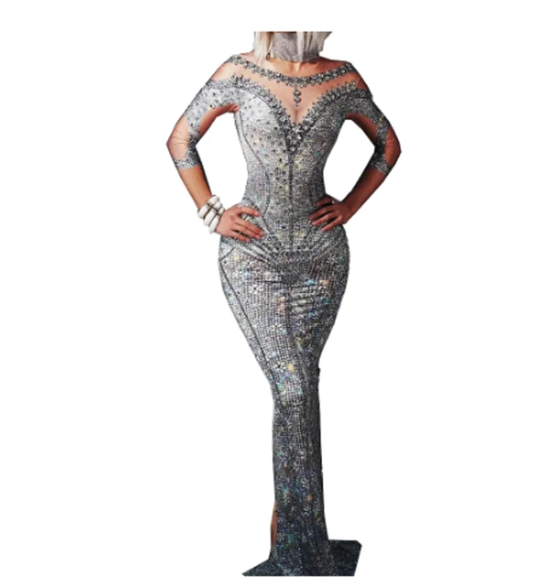 

Silver Glittering diamond spandex dress birthday celebration party banquet evening concert ball singer costume