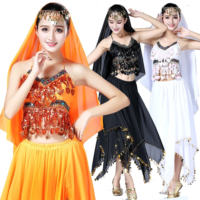 

customized women's adult belly dance costume with sexy sequins set team performance practice outfit Indian dance costume