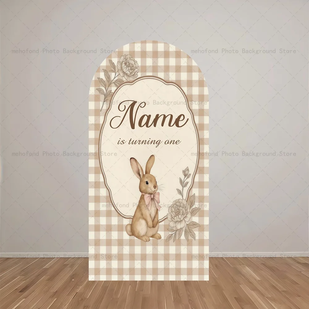 Mehofond Arch Backdrop Custom Name Vintage Flower Bunny Floral Kids Baby Birthday Party Decor Studio Photography Background