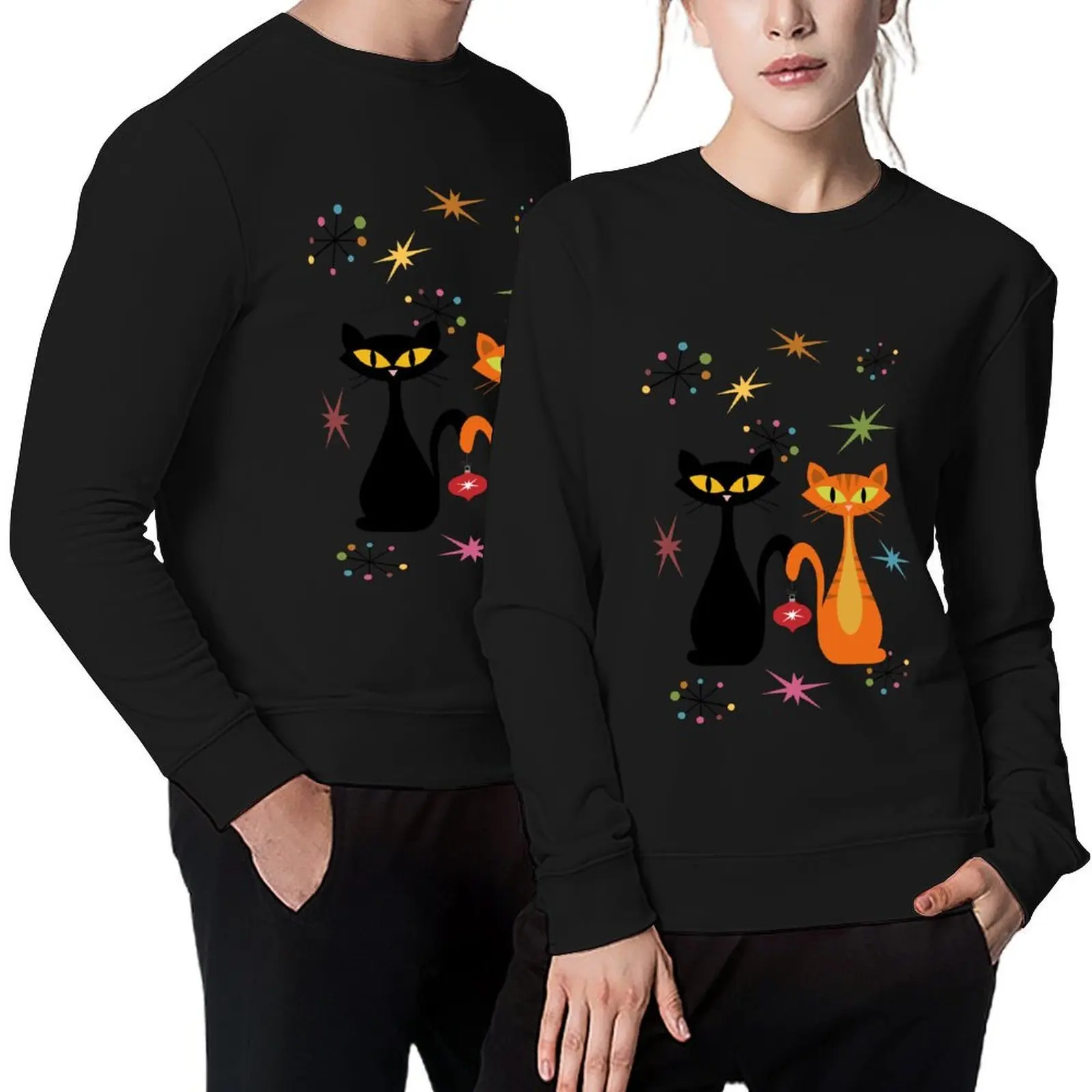 

Mid Century orange and black cats Christmas Pullover men's clothes men's sweat-shirt japanese style male clothes men sweatshirt