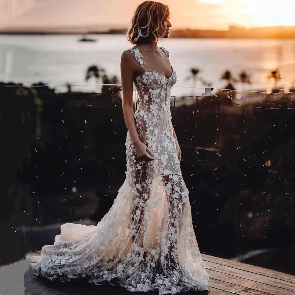 YunShang Sexy Mermaid Wedding Dresses With 3D Lace Appliques Backless Beach Sleeveless Bride Gown Zipper Train Robe De mariée