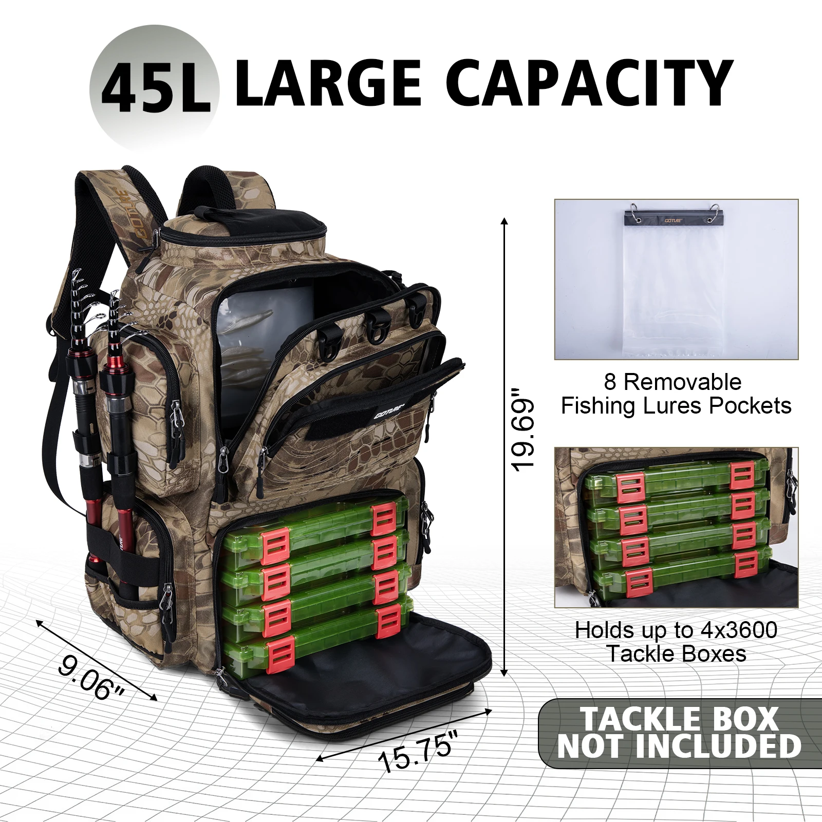 Goture 45L Large Fishing Backpack 900D Water-Resistant Tackle Bags SBS Zippers,Storage Gear Bag with Rain Cover,Bottle Holder