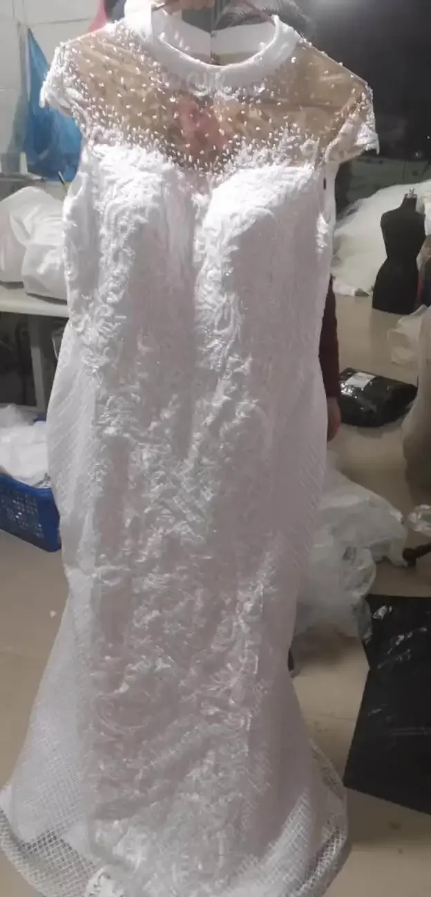 Customized 2026 Plus Size Africa Beads Mermaid Wedding Dress Detachable Train Short Sleeve High Neck Fishtail Bridal Gowns