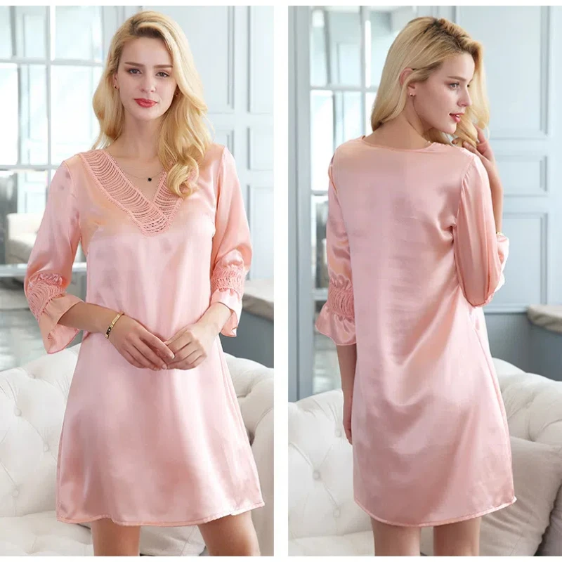 100% Mulberry Silk Pajamas Women Sexy Lingerie Soft Nightdress Three-quarter Sleeve Silk Nightdress Female V-neck Robe Dress