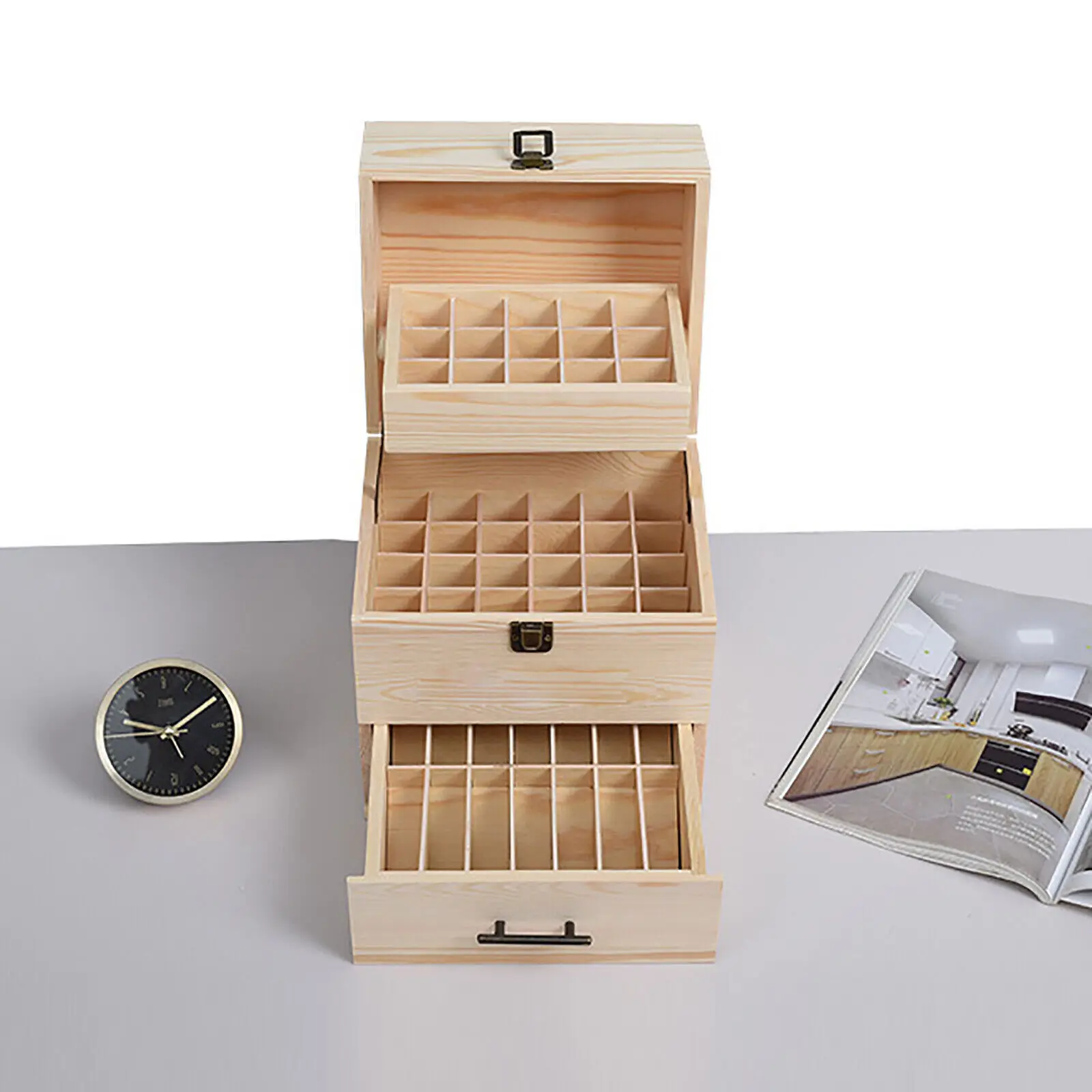 Wood Essential Oil Box, 59 Grid Wood Essential Oil Box Essential Oil Packaging Display Box High Quality 3 Tier Essential Oil Box