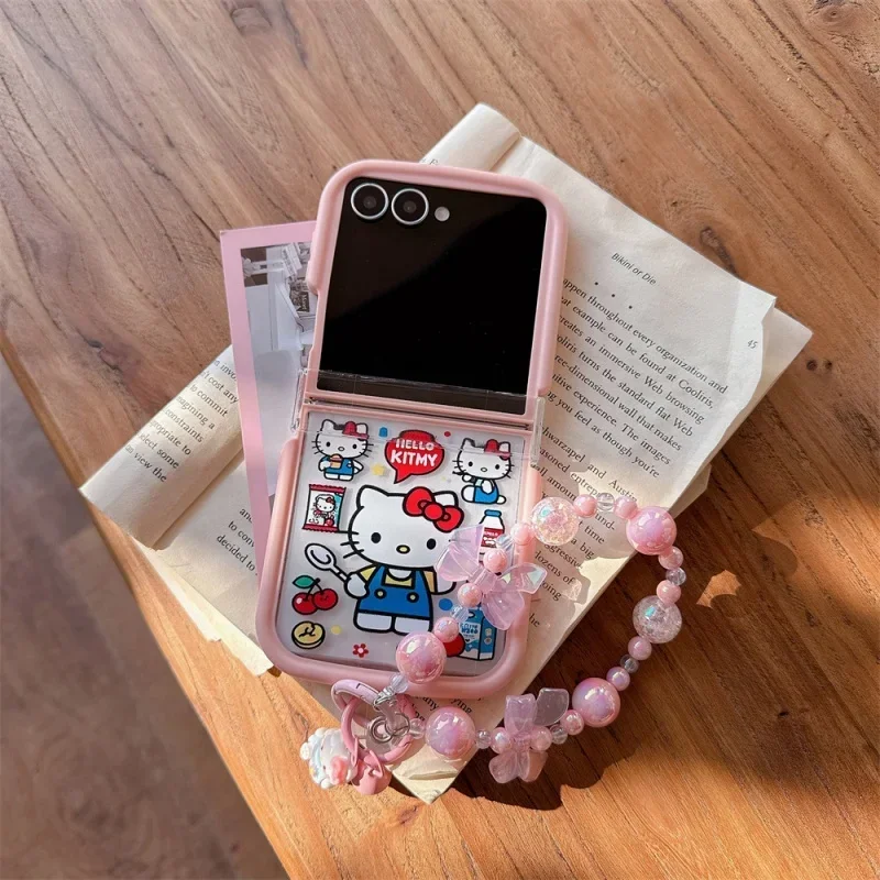 Cute Commissary Hello Kitty Pink Photo Frame 2-in-1 Mobile Phone Case for Samsung Z Flip 7/6/5/4/3 with Lanyard Shockproof